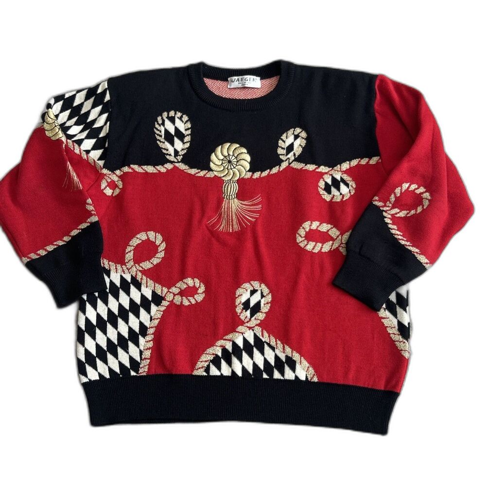 Vintage Jaeger Sweater Womens Medium Embroidered Rope Metallic Black Red